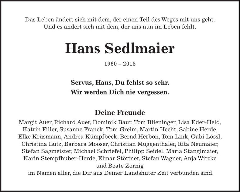 Traueranzeige Hans Sedlmaier