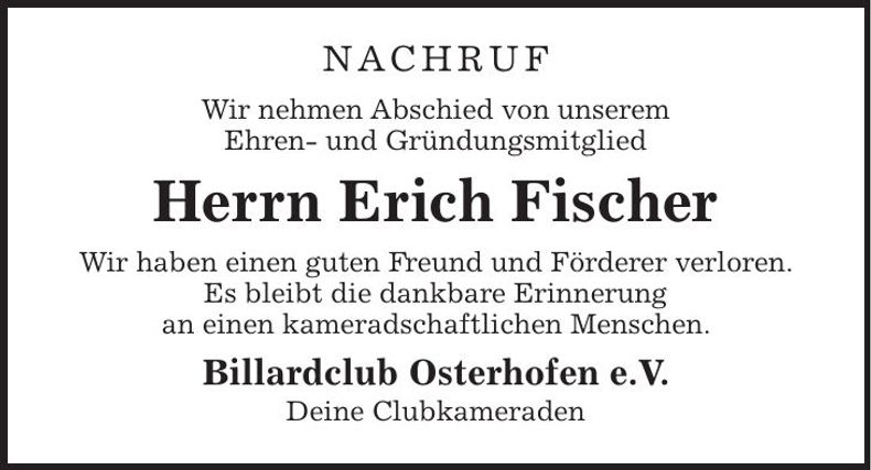Traueranzeige Fischer Erich