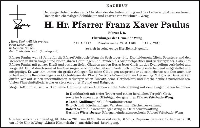 Traueranzeige Franz Xaver Paulus