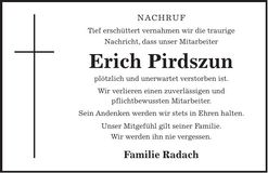 Traueranzeige Erich Pirdszun