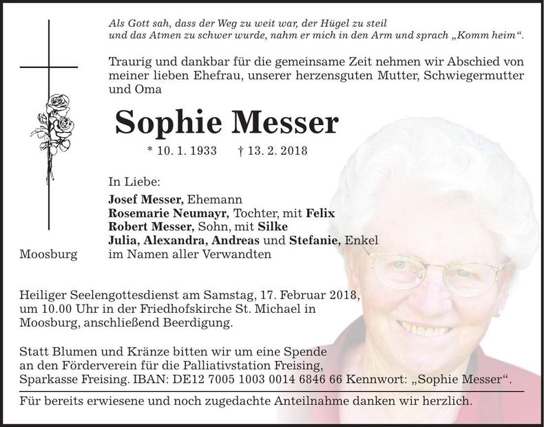 Traueranzeige Sophie Messer