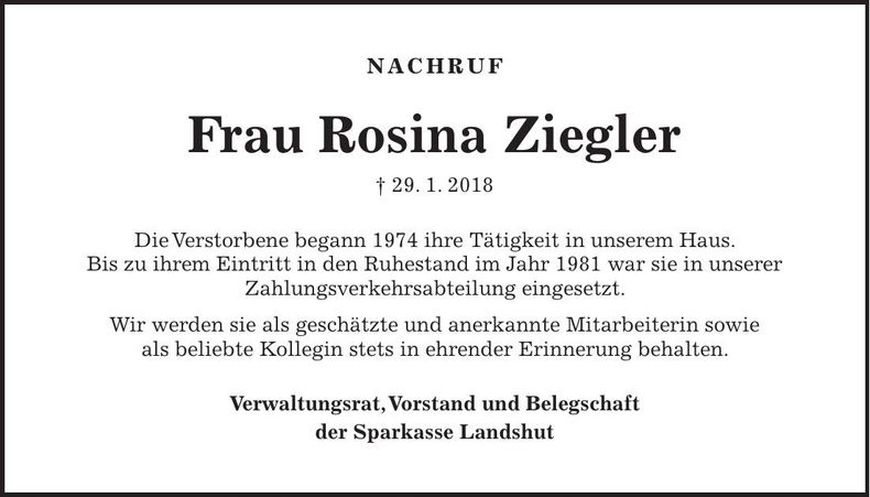 Traueranzeige Rosina Ziegler