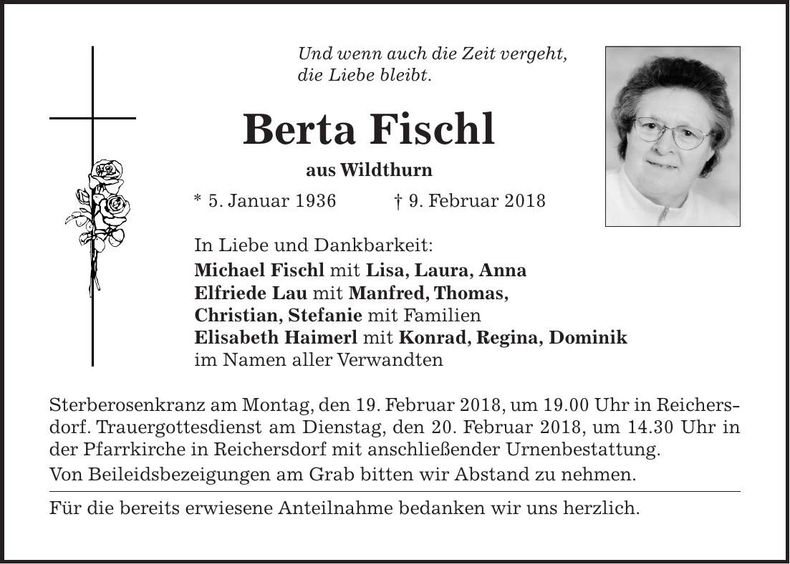 Traueranzeige Berta Fischl