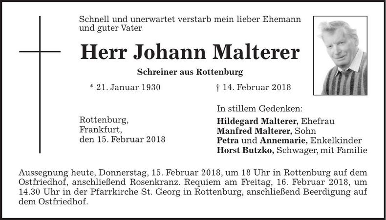 Traueranzeige Johann Maderer