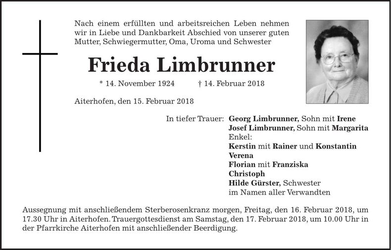 Traueranzeige Frieda Limbrunner