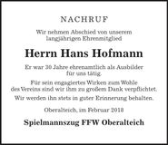 Traueranzeige Hans Hofmann