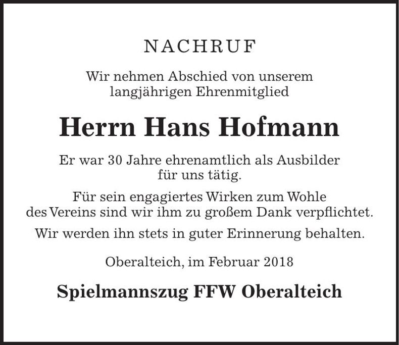 Traueranzeige Hans Hofmann
