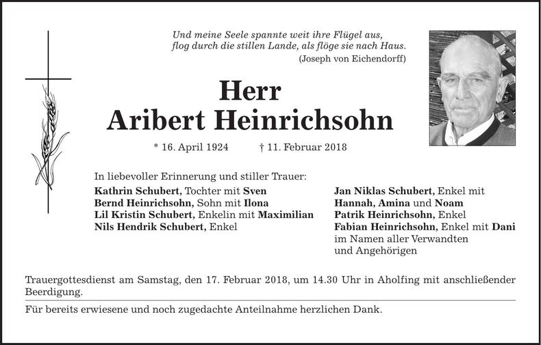 Traueranzeige Aribert Heinrichsohn