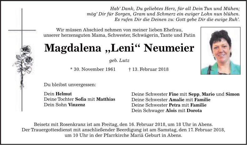 Traueranzeige Magdalena Neumeier