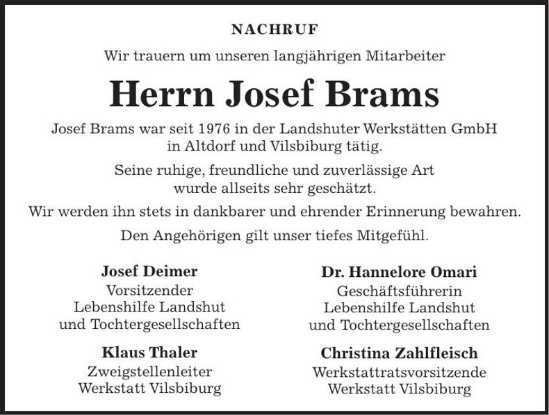 Traueranzeige Josef Brams