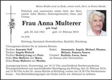 Traueranzeige Anna Multerer