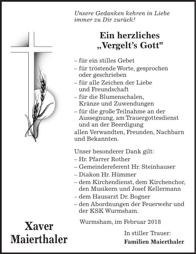 Traueranzeige Xaver Maierthaler