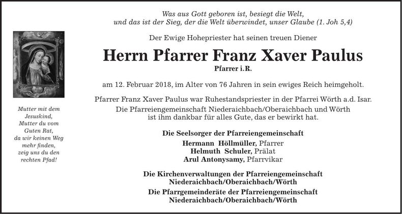 Traueranzeige Franz Xaver Paulus