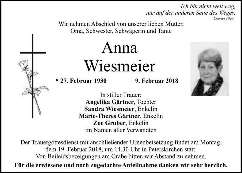 Traueranzeige Anna Wiesmeier