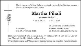 Traueranzeige Martha Pihali