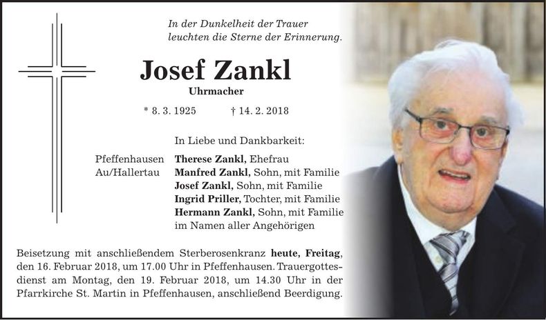 Traueranzeige Josef Zankl