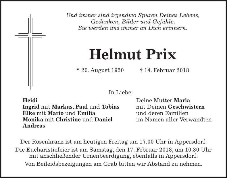 Traueranzeige Helmut Prix