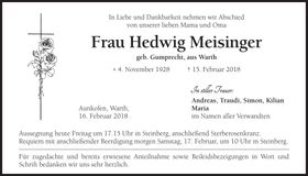 Traueranzeige Hedwig Meisinger
