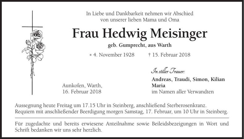 Traueranzeige Hedwig Meisinger