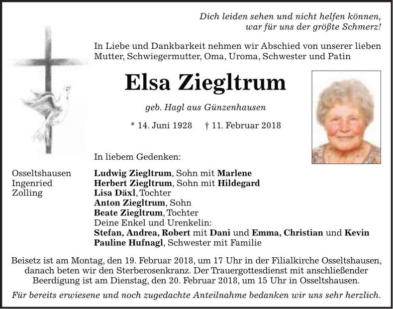 Traueranzeige Elsa Ziegltrum
