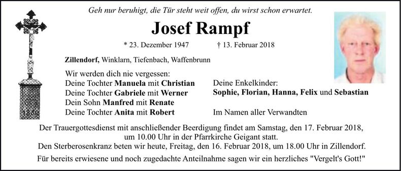Traueranzeige Josef Rampf