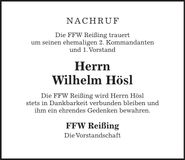 Traueranzeige Wilhelm Hösl