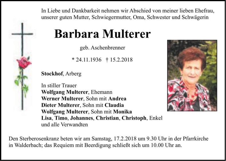 Traueranzeige Barbara Multerer