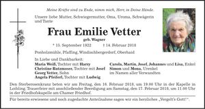 Traueranzeige Emilie Vetter