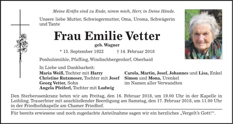 Traueranzeige Emilie Vetter
