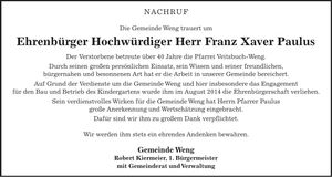 Traueranzeige Franz Xaver Paulus