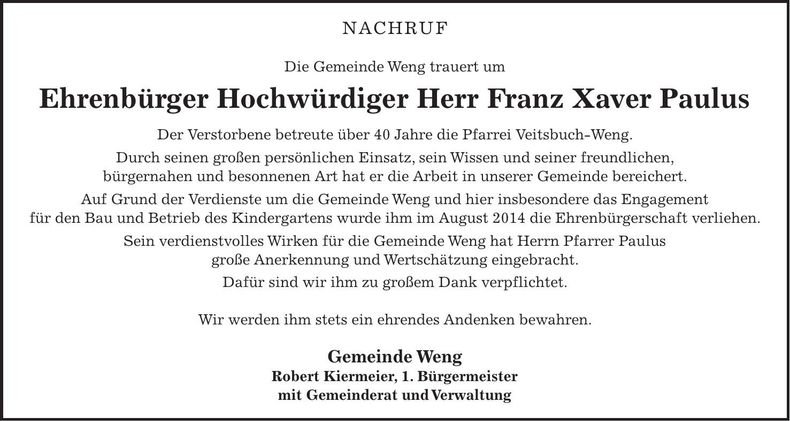 Traueranzeige Franz Xaver Paulus