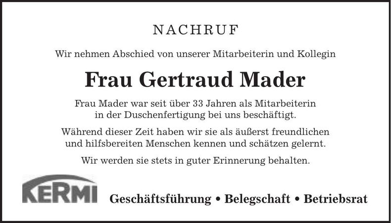 Traueranzeige Gertraud Mader