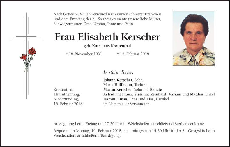 Traueranzeige Elisabeth Kerscher