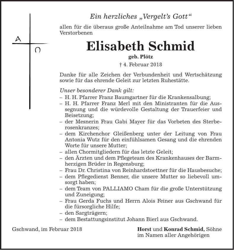 Traueranzeige Elisabeth Schmid