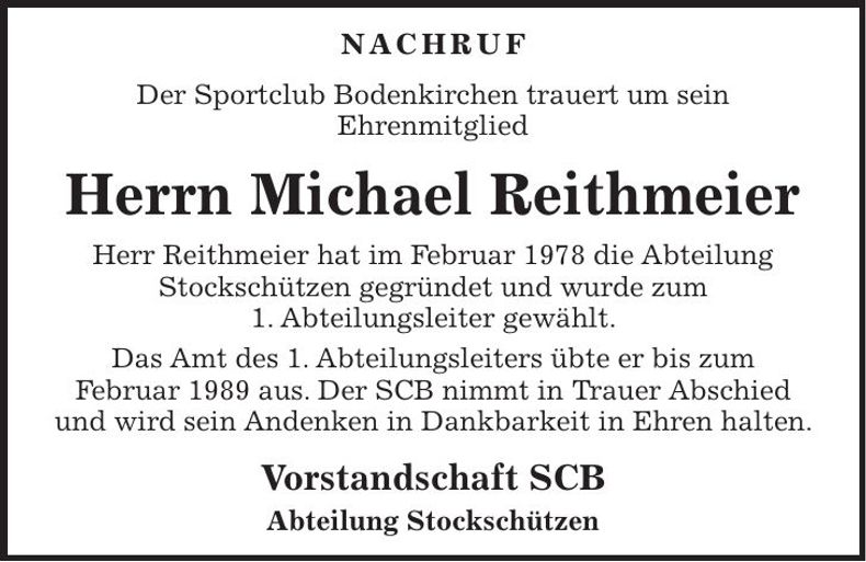 Traueranzeige Michael Reithmeier