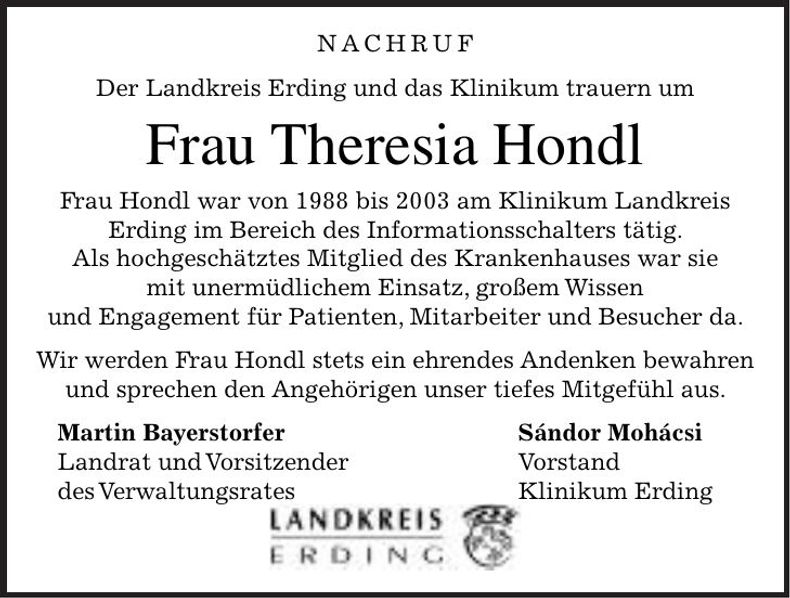Traueranzeige Theresia Hondl