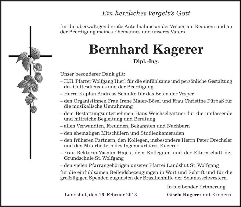 Traueranzeige Bernhard Kagerer