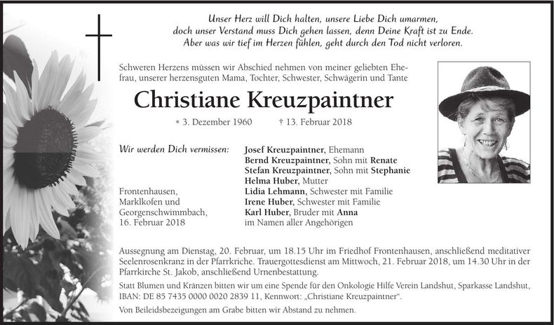 Traueranzeige Christiane Kreuzpaintner