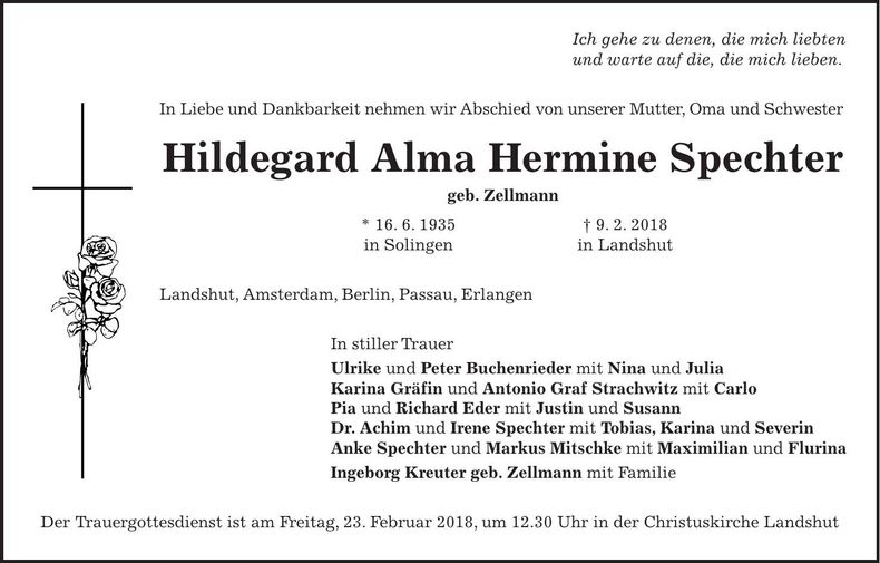 Traueranzeige Hildegard Spechter