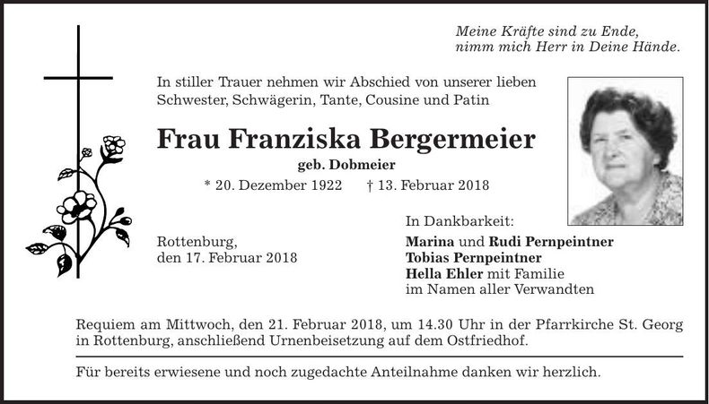 Traueranzeige Franziska Bergmeier