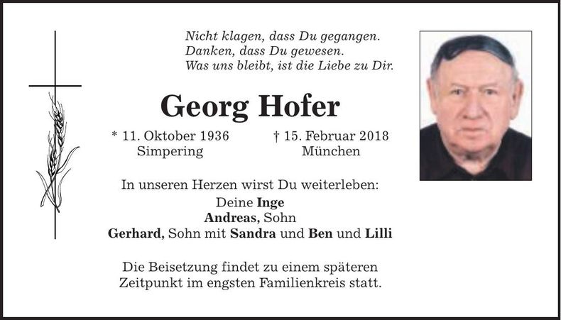 Traueranzeige Georg Hofer