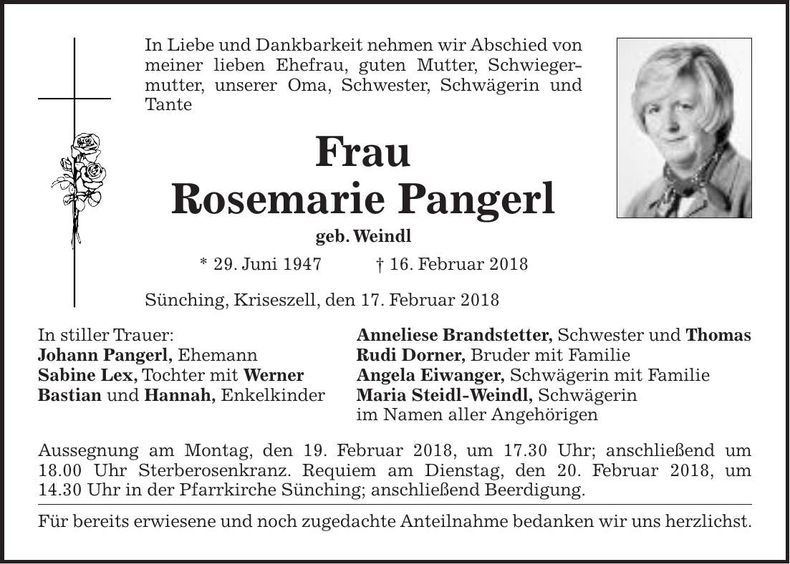 Traueranzeige Rosemarie Pangerl