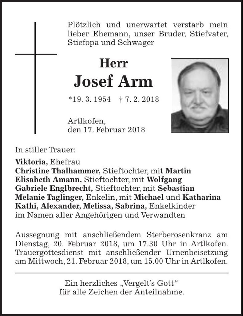 Traueranzeige Josef Arm