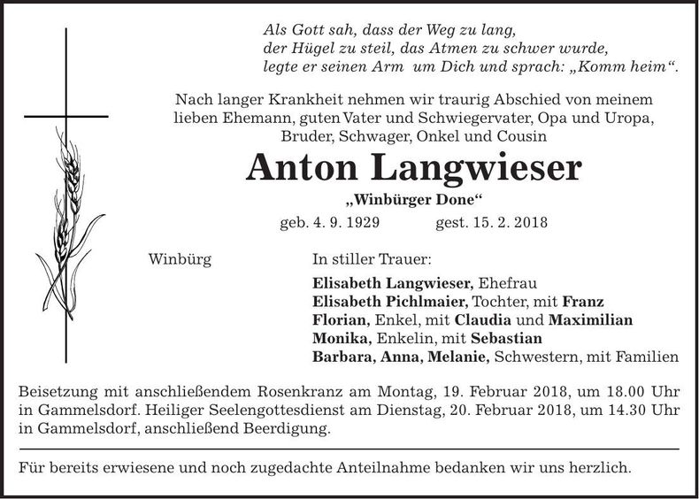 Traueranzeige Anton Langwieser