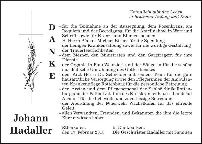 Traueranzeige Johann Hadaller
