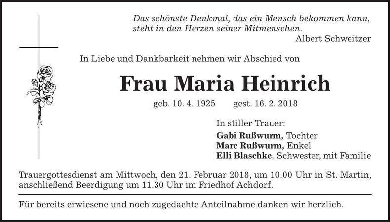Traueranzeige Maria Heinrich
