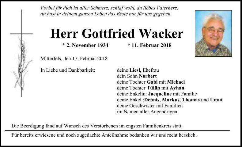 Traueranzeige Gottfried Wacker