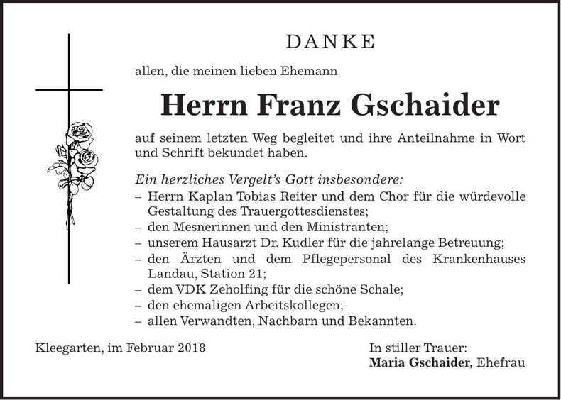 Traueranzeige Franz Gschaider