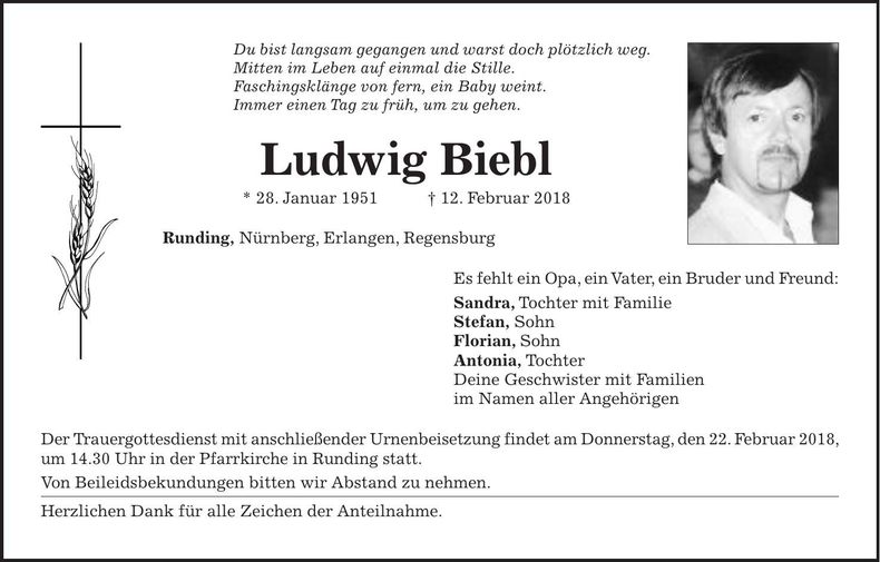 Traueranzeige Ludwig Biebl
