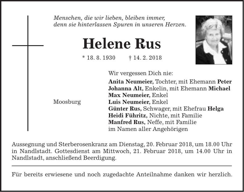 Traueranzeige Helene Rus